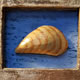 Zebra Mussel (Dreissena polymorpha) Gold leaf and oil colour on wood H.12 x 14 x 4.5cms
